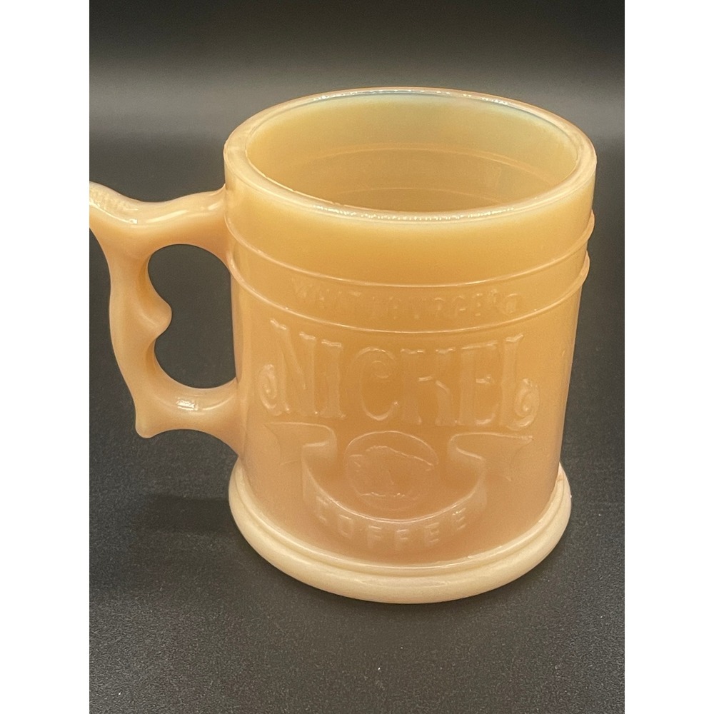 Vintage Whataburger Nickel Coffee Milk Glass Mug Peach Luster D-Handle USA Made